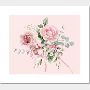 Coquette Aesthetic Watercolor Pink Ribbon Bow Floral Eucalyptus Bouquet Posters and Art